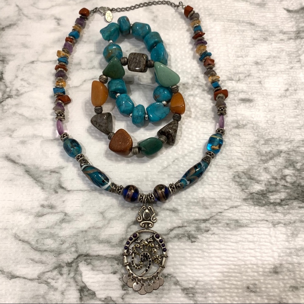 BOHO Necklace Pendant Metal Stone Intricate - Picture 3 of 13
